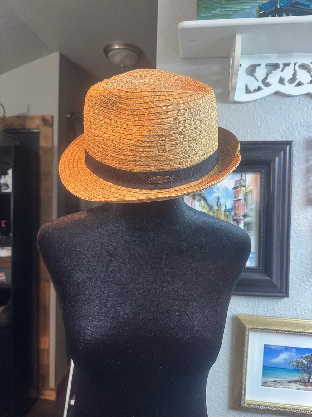 Panama Jack Straw Trilby Hat with Black Band - Tan w/ silver